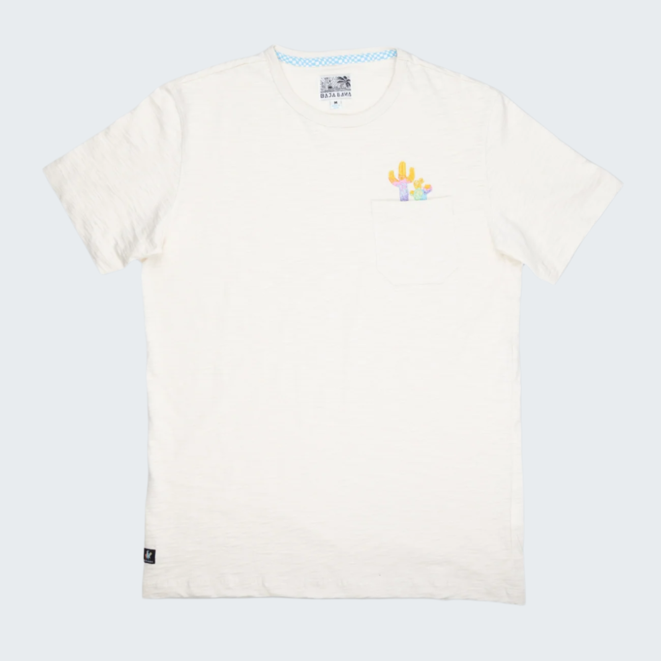 White t-shirt with colorful logo on a white background