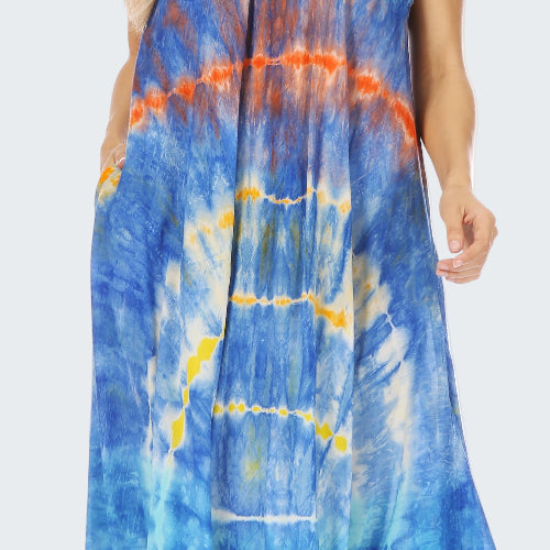 Blue tie-dye dress with orange and yellow accents on a white background