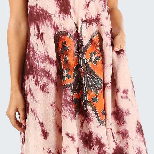Tie-dye dress with butterfly design on a white background