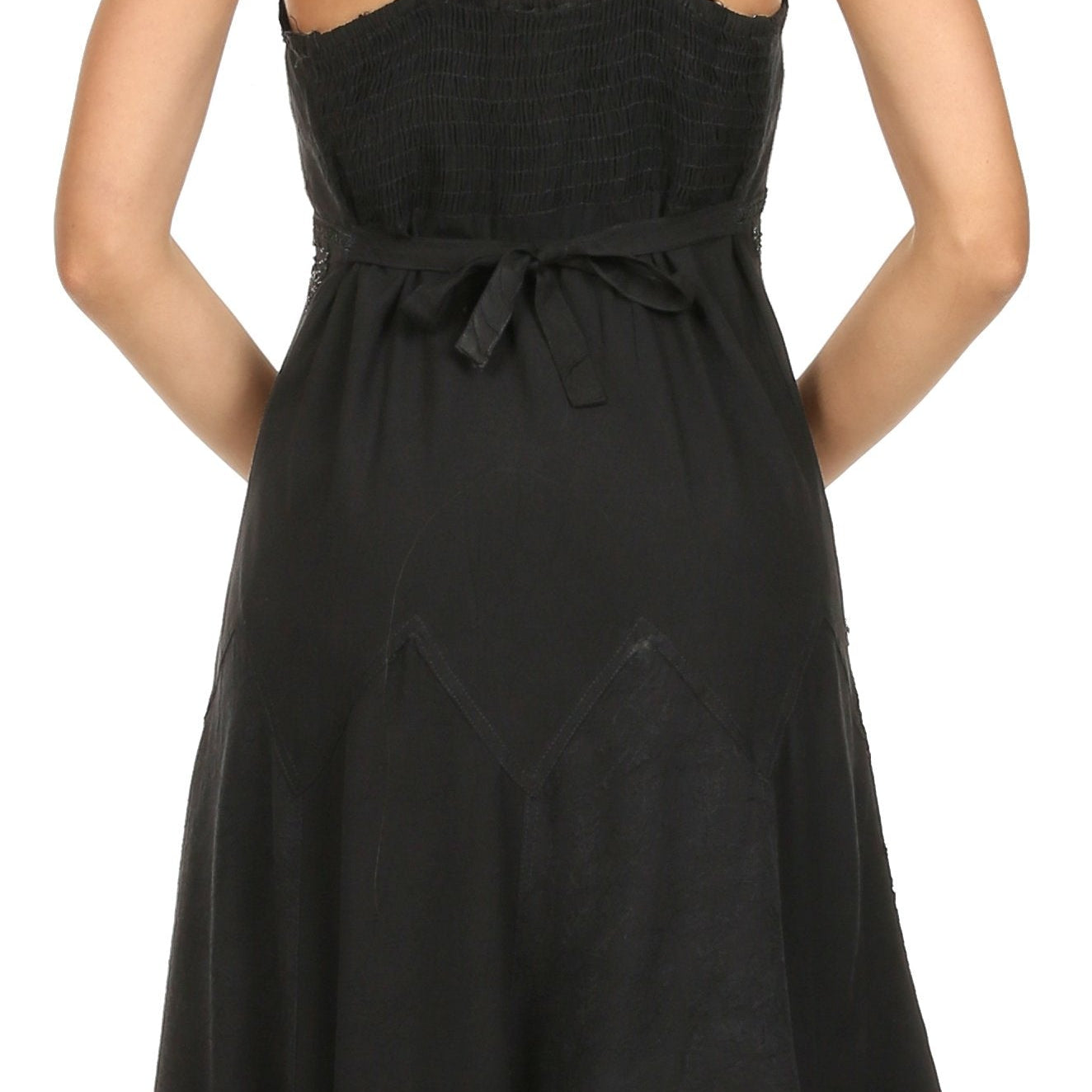 Black dress with lace details on a white background