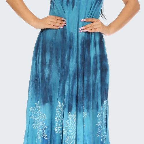 Blue tie-dye dress with white floral embroidery on a white background
