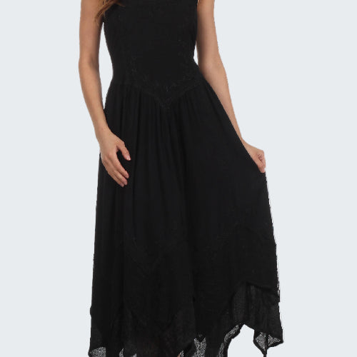 Black dress with an asymmetrical hem on a white background