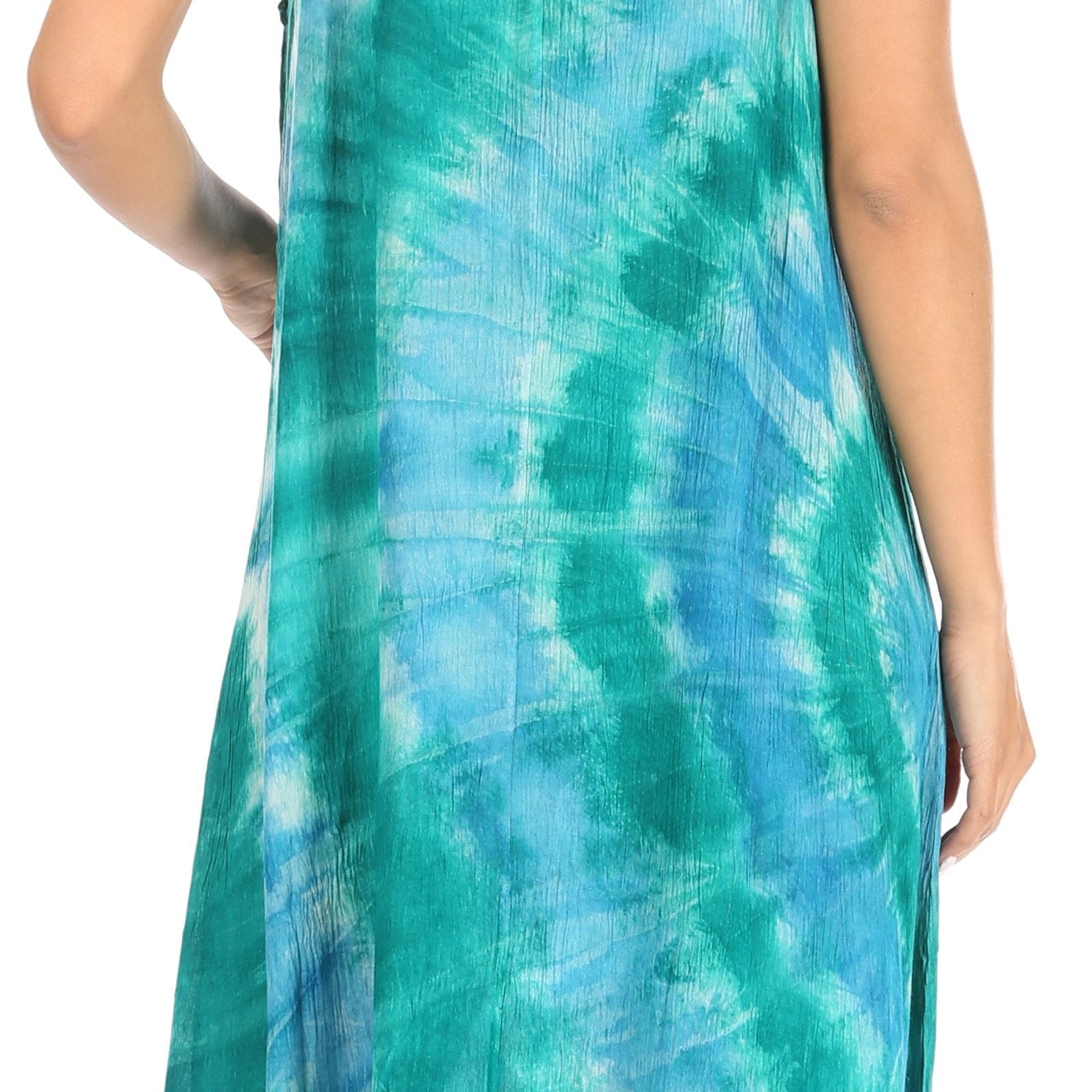 Green and blue tie-dye dress with lace sleeves on a white background