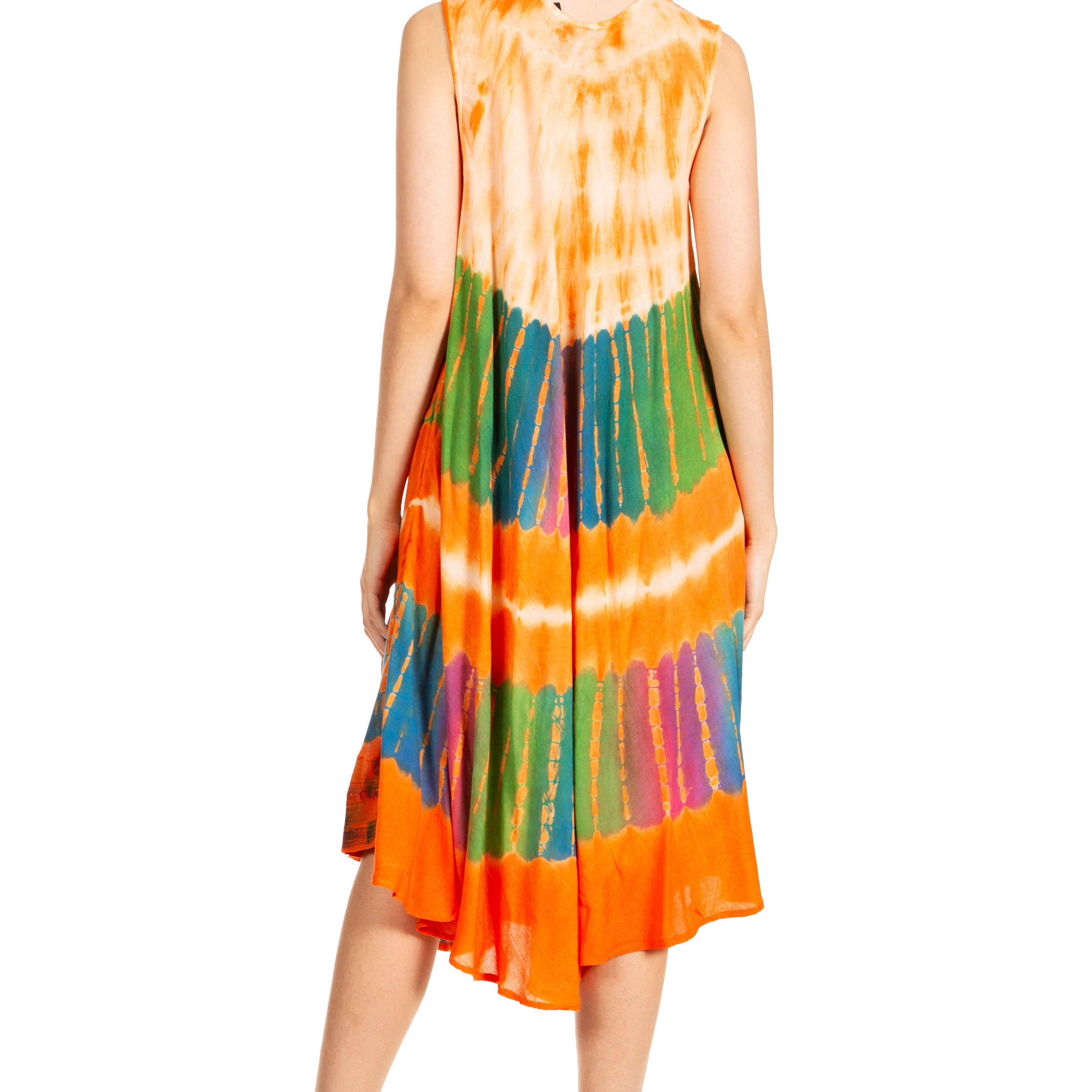 Woman wearing a colorful tie-dye dress on a white background