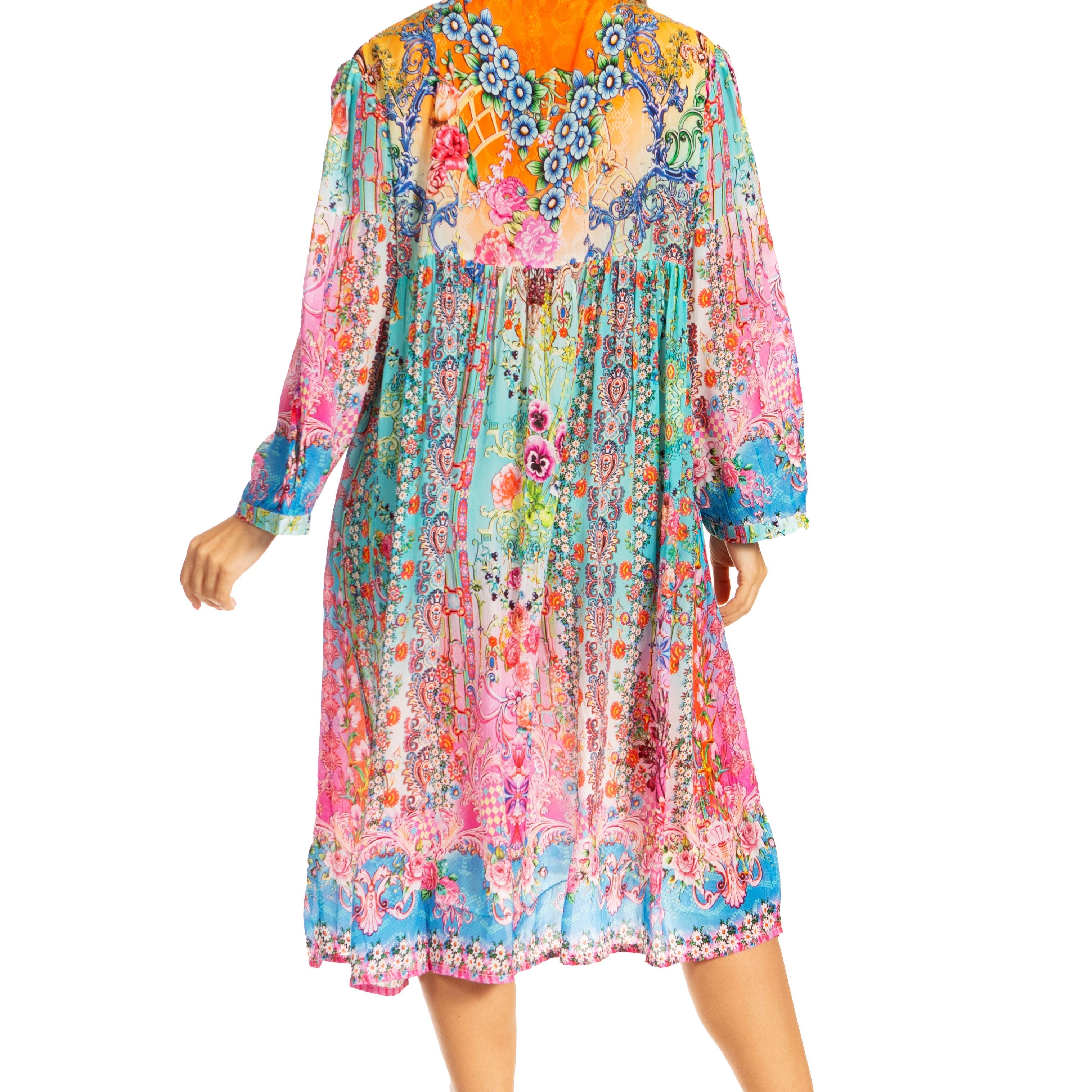 Sakkas - 3/4 Puff Sleeves Split Neck Summer Short Flowy Swing Dress/Cover-up