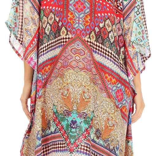 Colorful patterned kimono-style garment worn by a person on a white background