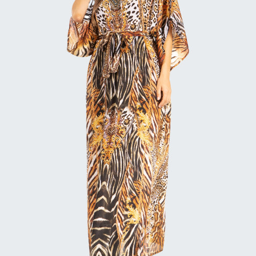Long dress with animal print pattern on a white background