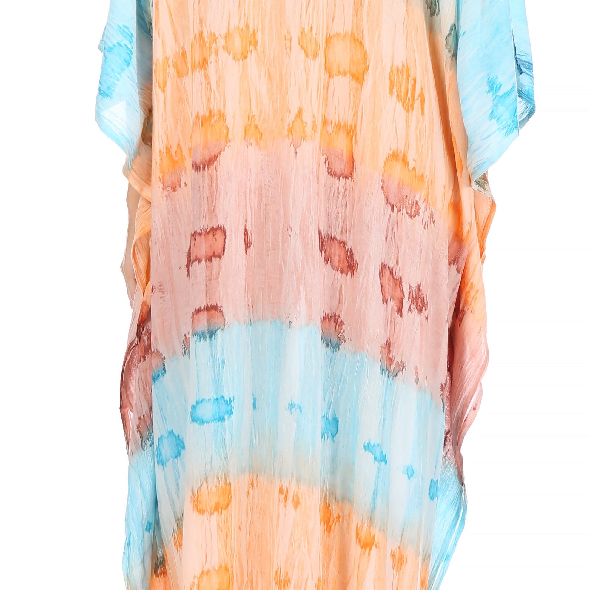 Colorful tie-dye dress with a gradient from blue to orange on a white background