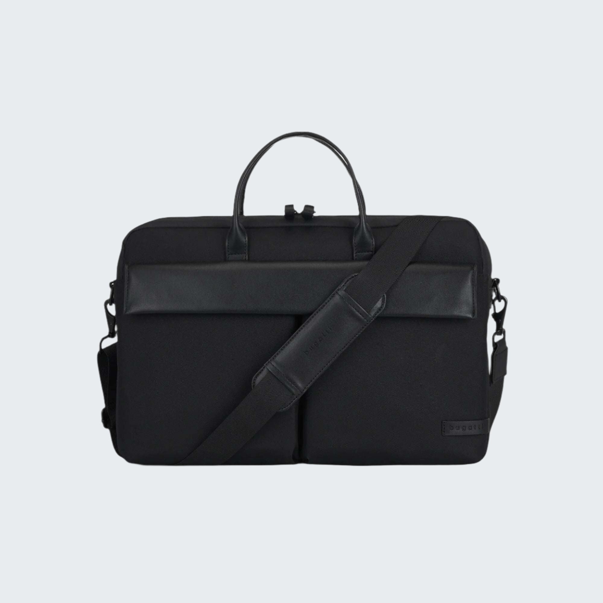 Black briefcase with shoulder strap on a white background