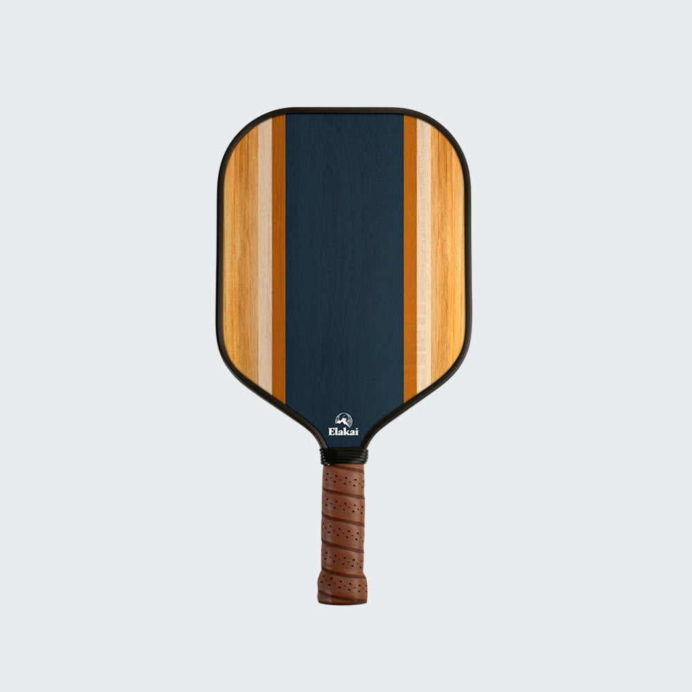 Pickleball paddle with black and wood striped design on a white background