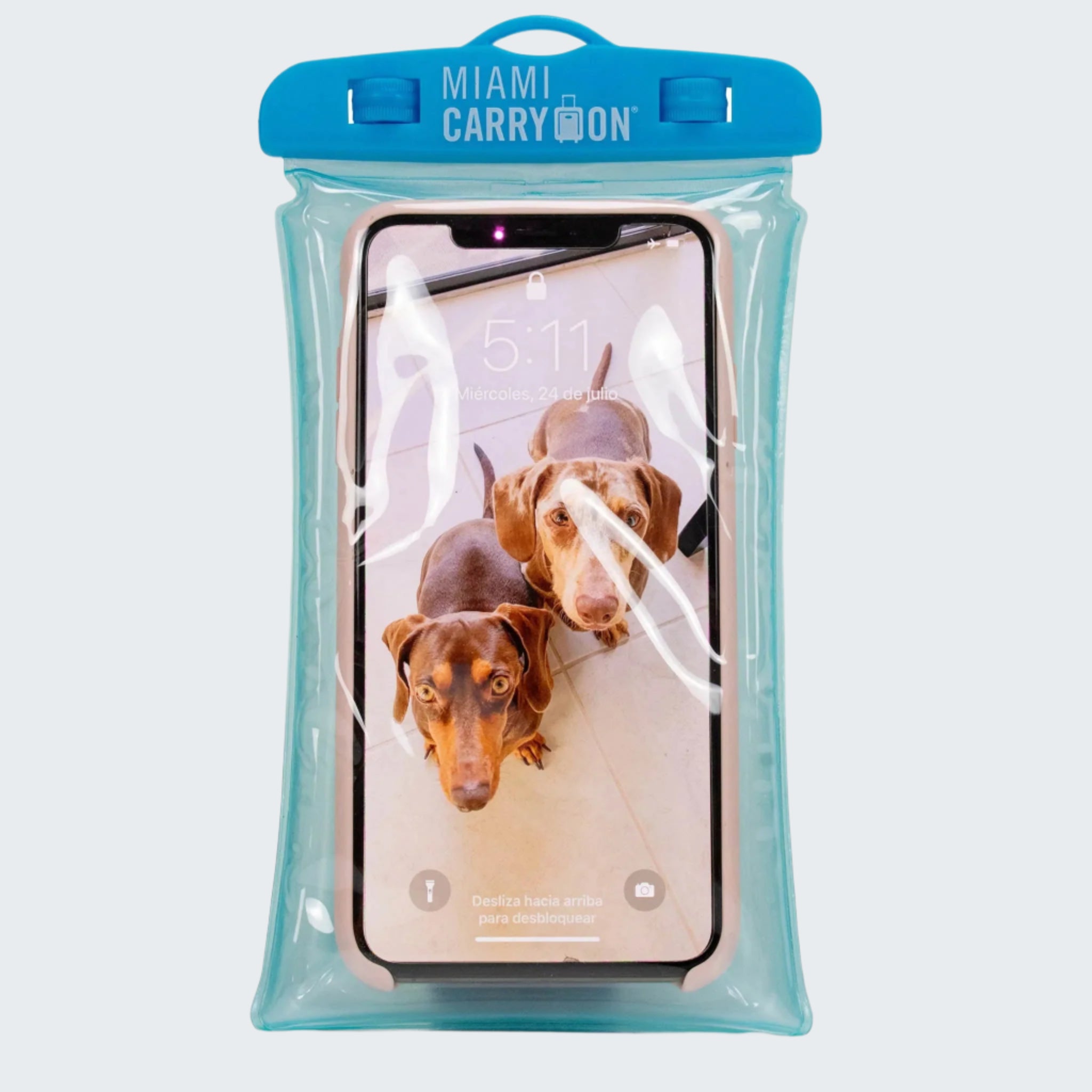 Phone case with two dogs on a screen, branded 'Miami Carry On', on a white background