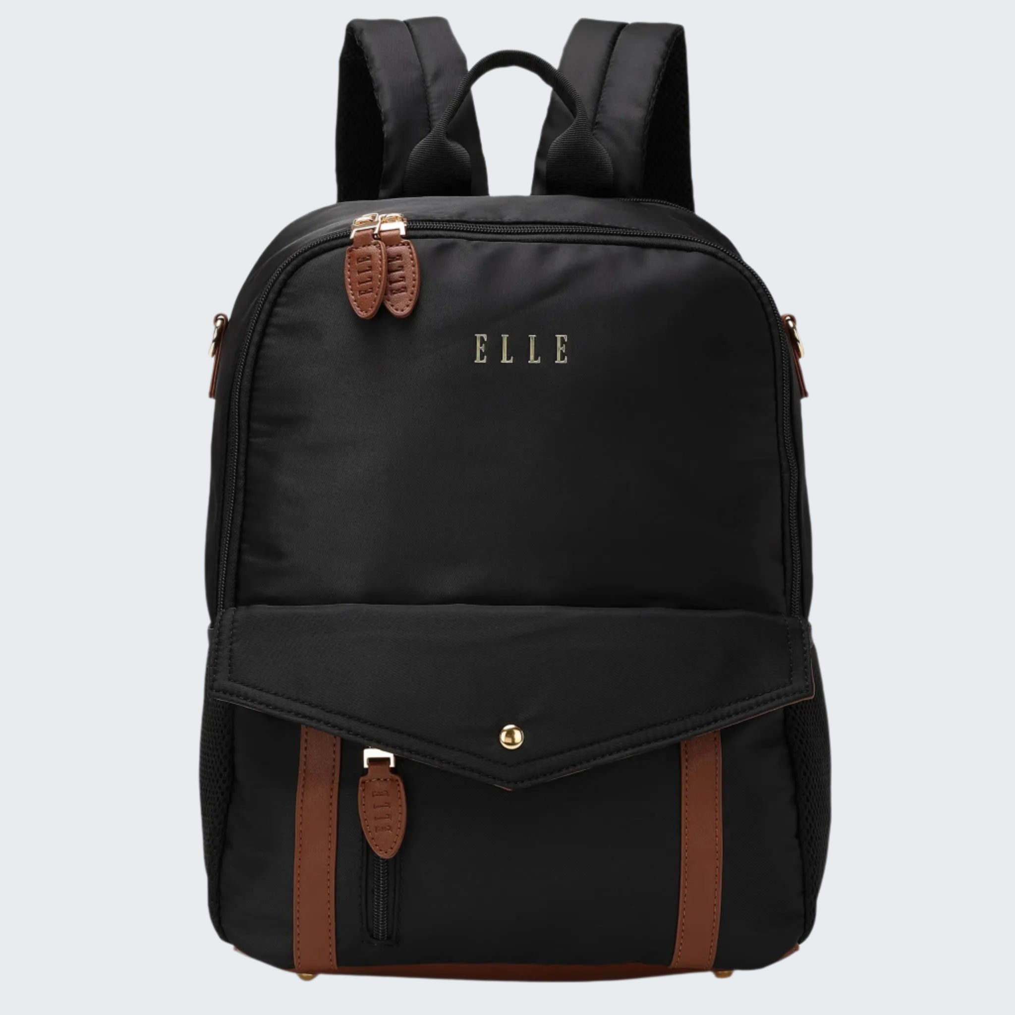 Black backpack with brown accents and 'ELLE' branding on a white background
