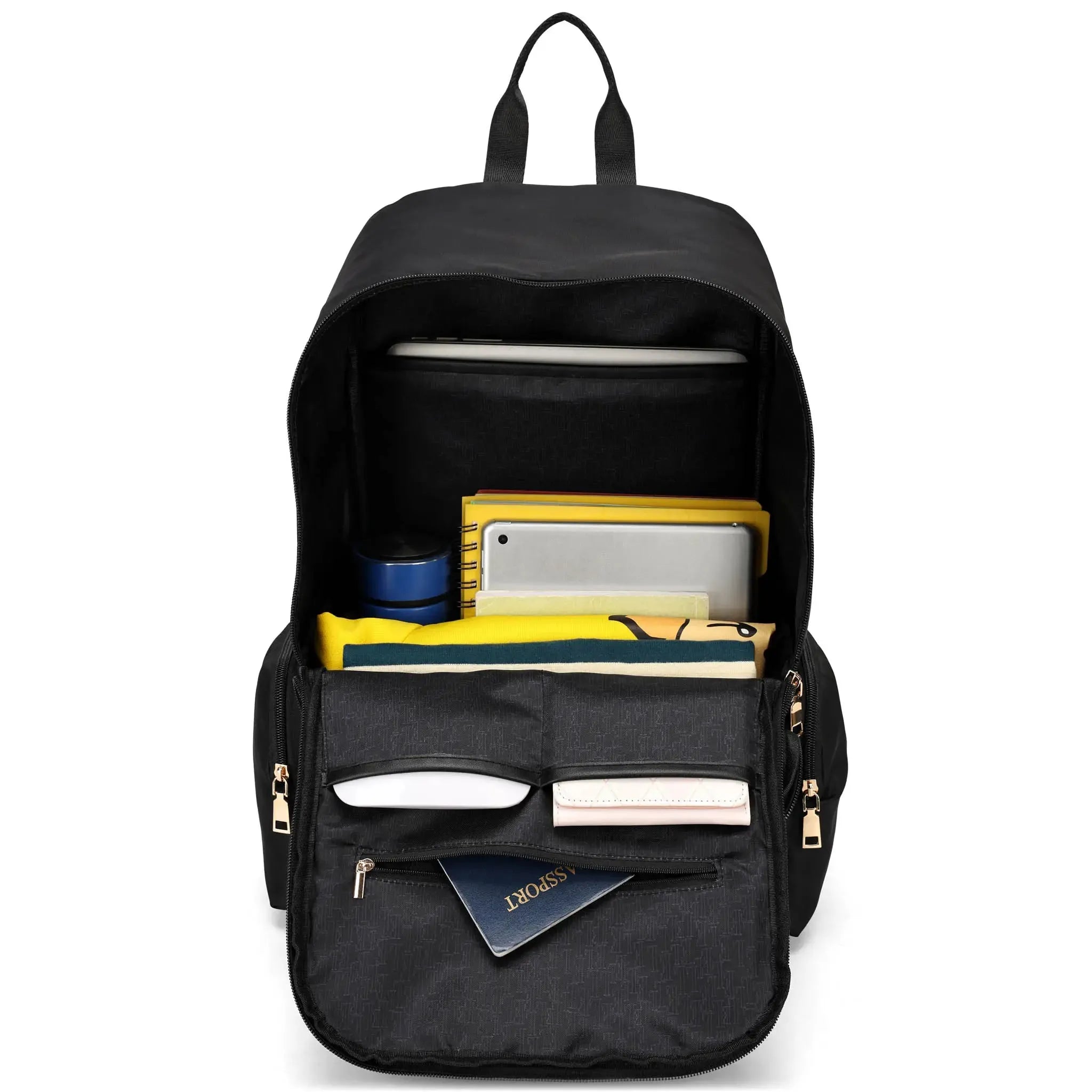 Black backpack with various items inside on a white background