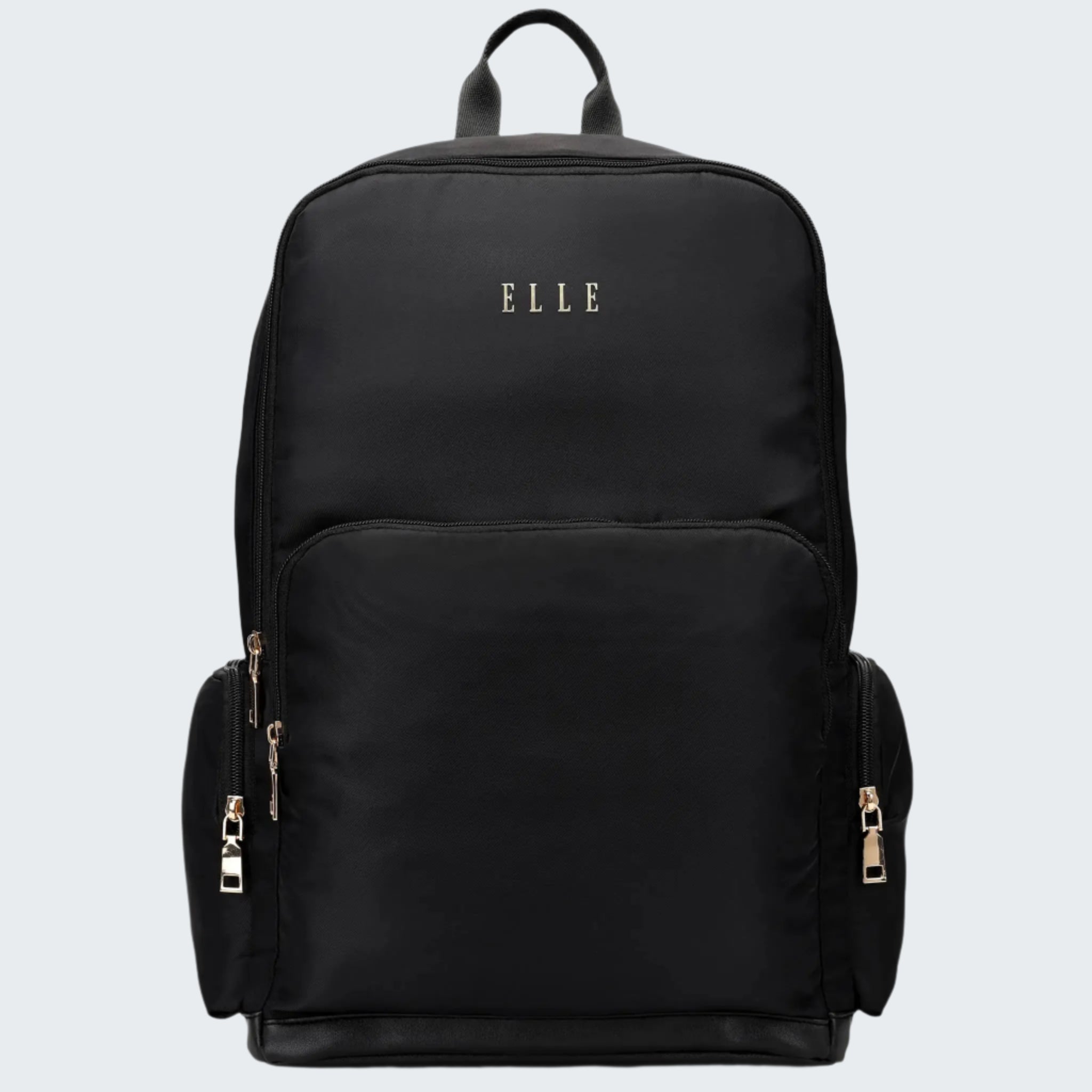 Black backpack with 'ELLE' branding on a white background