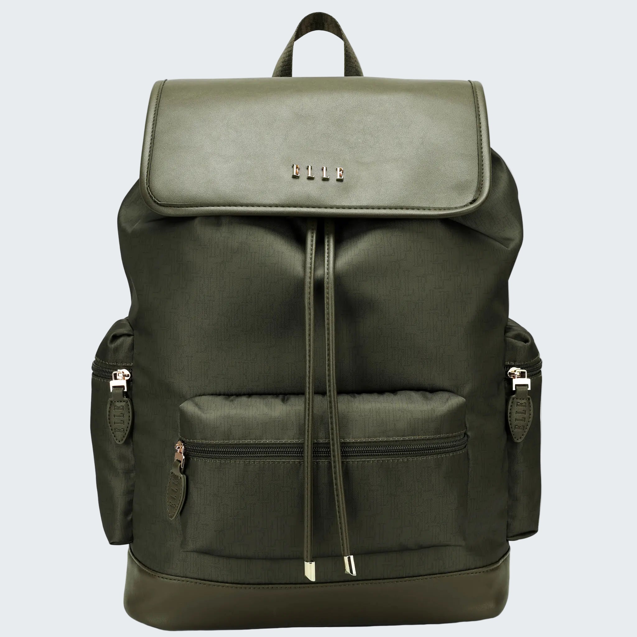 Green backpack with multiple pockets and straps on a white background