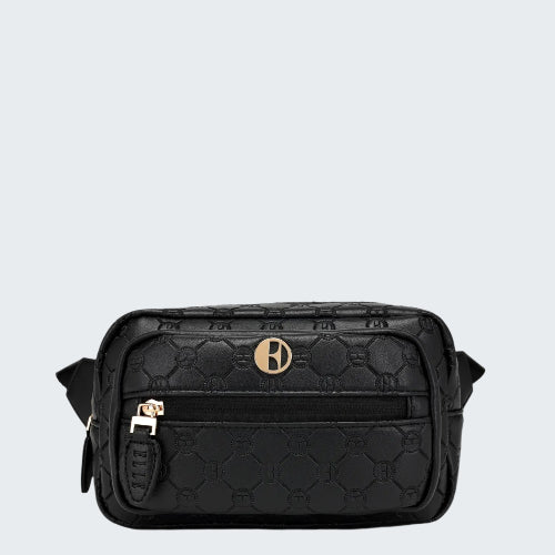 Black quilted handbag with a gold logo on a white background