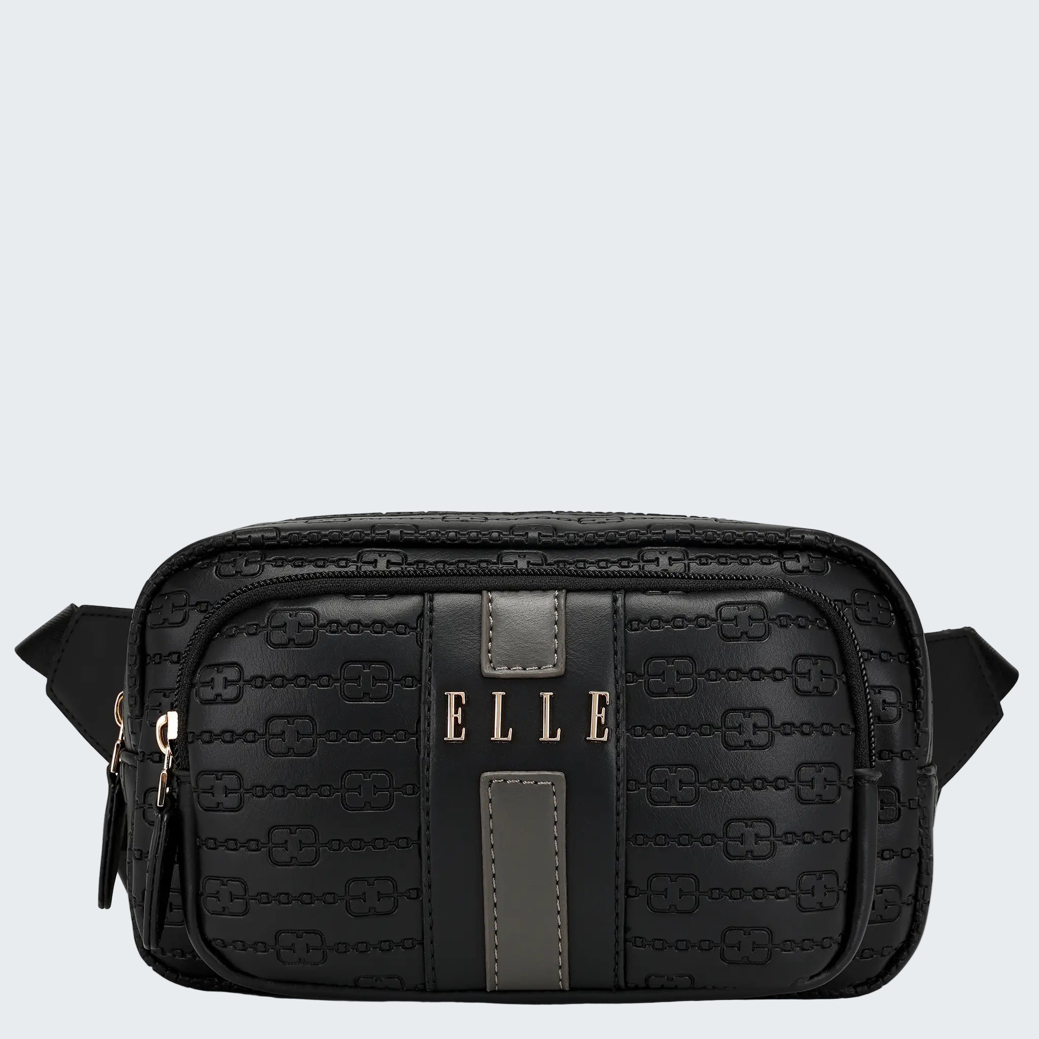Black textured waist bag with 'ELLE' branding on a white background