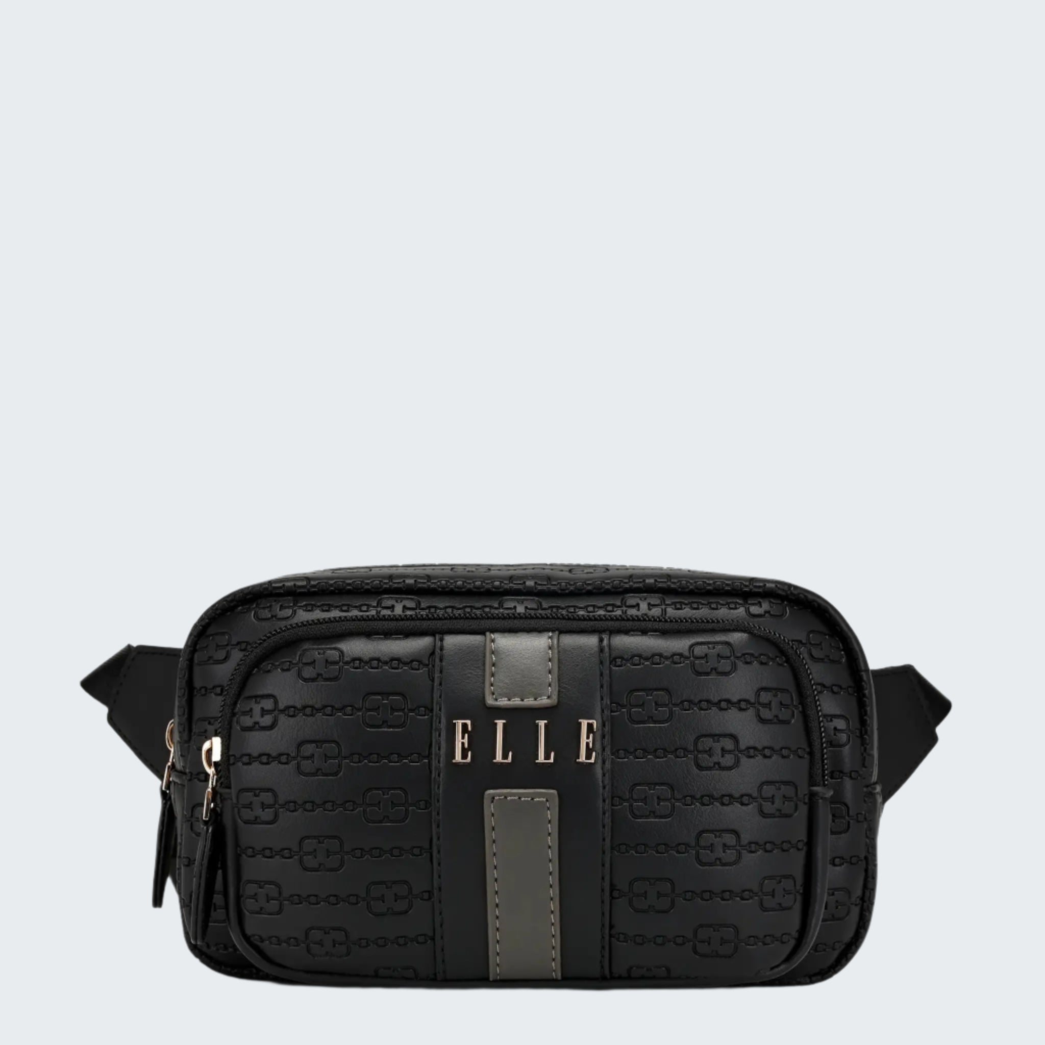 Black waist bag with 'ELLE' branding on a white background