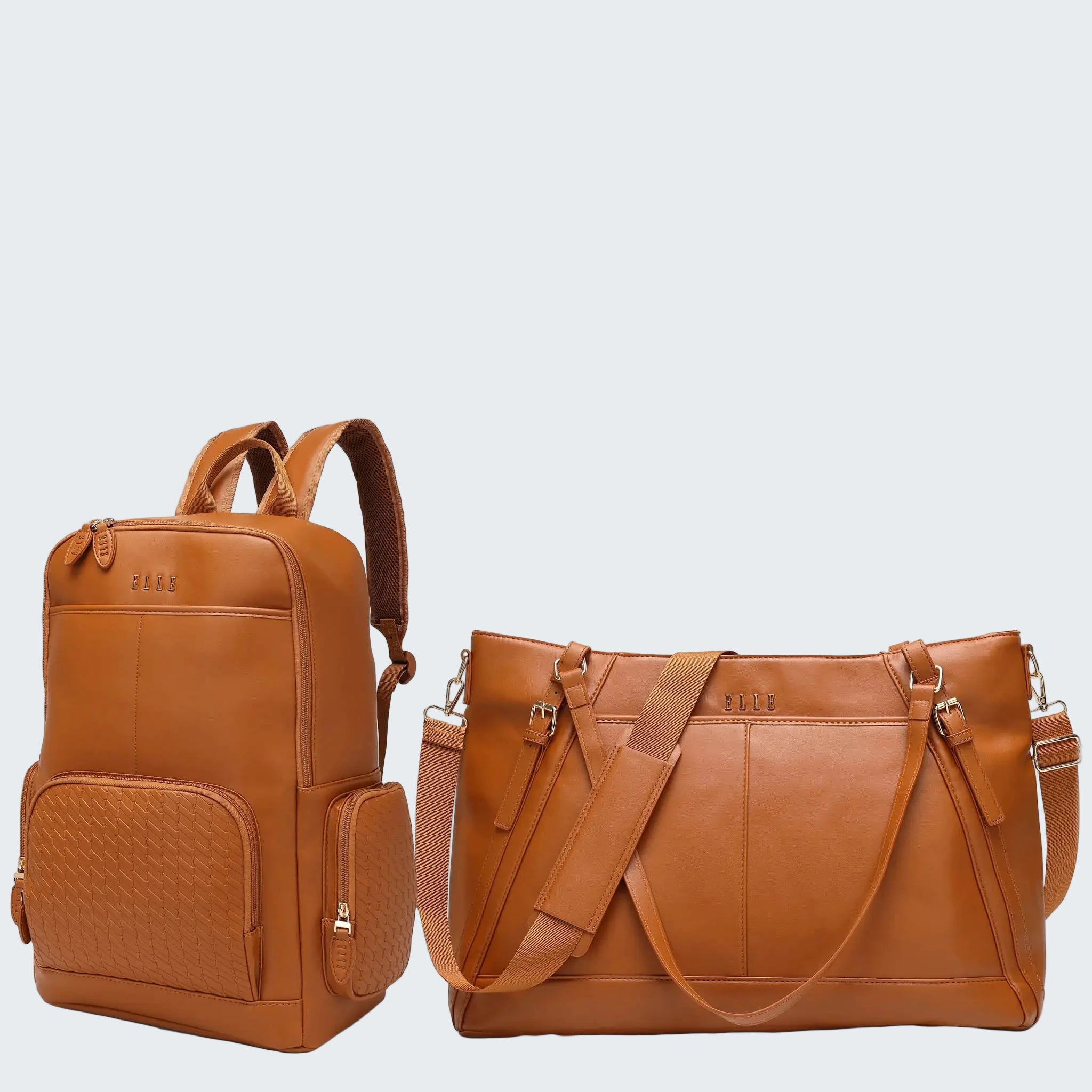 Brown leather backpack and handbag on a white background