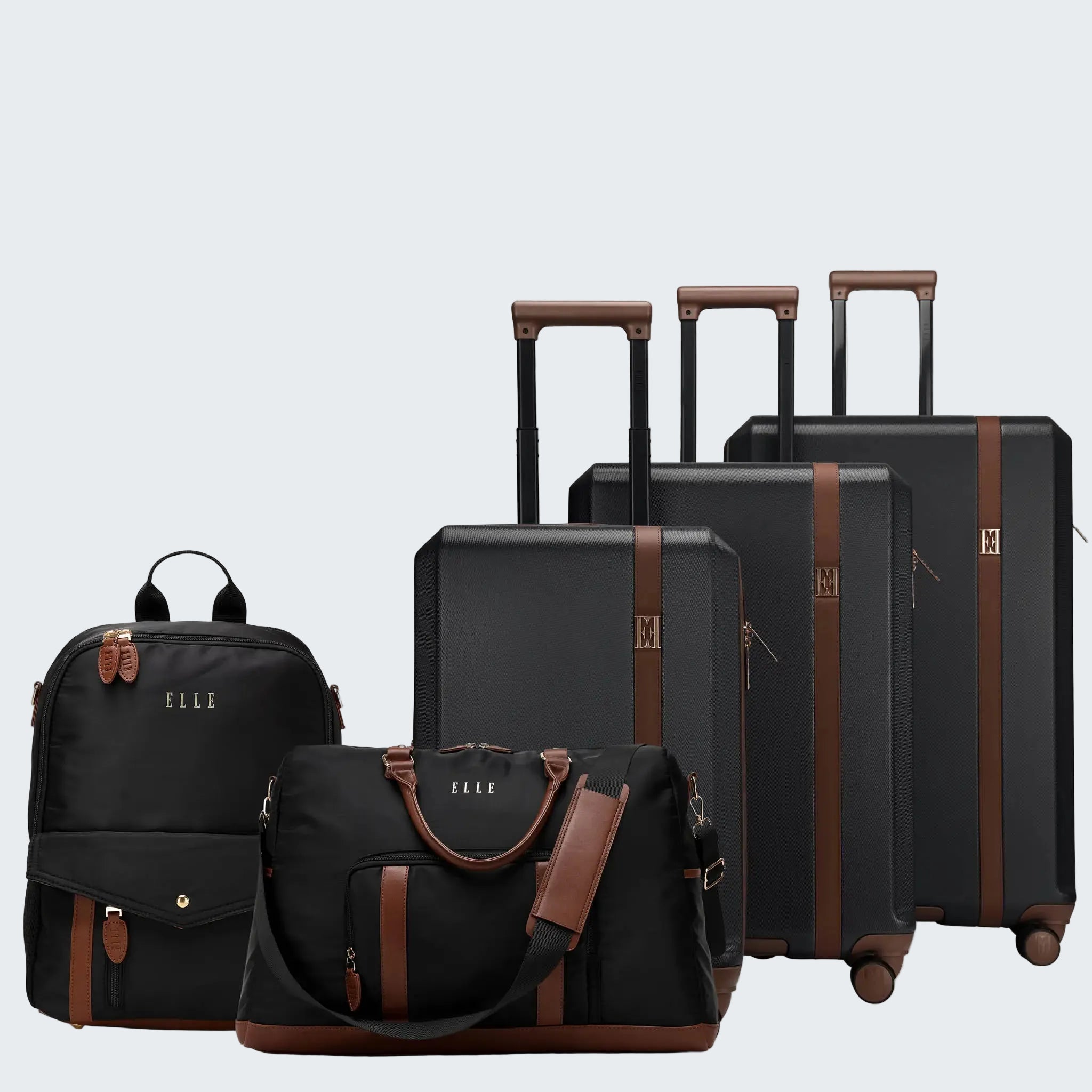 Set of black suitcases and bags with brown accents on a white background