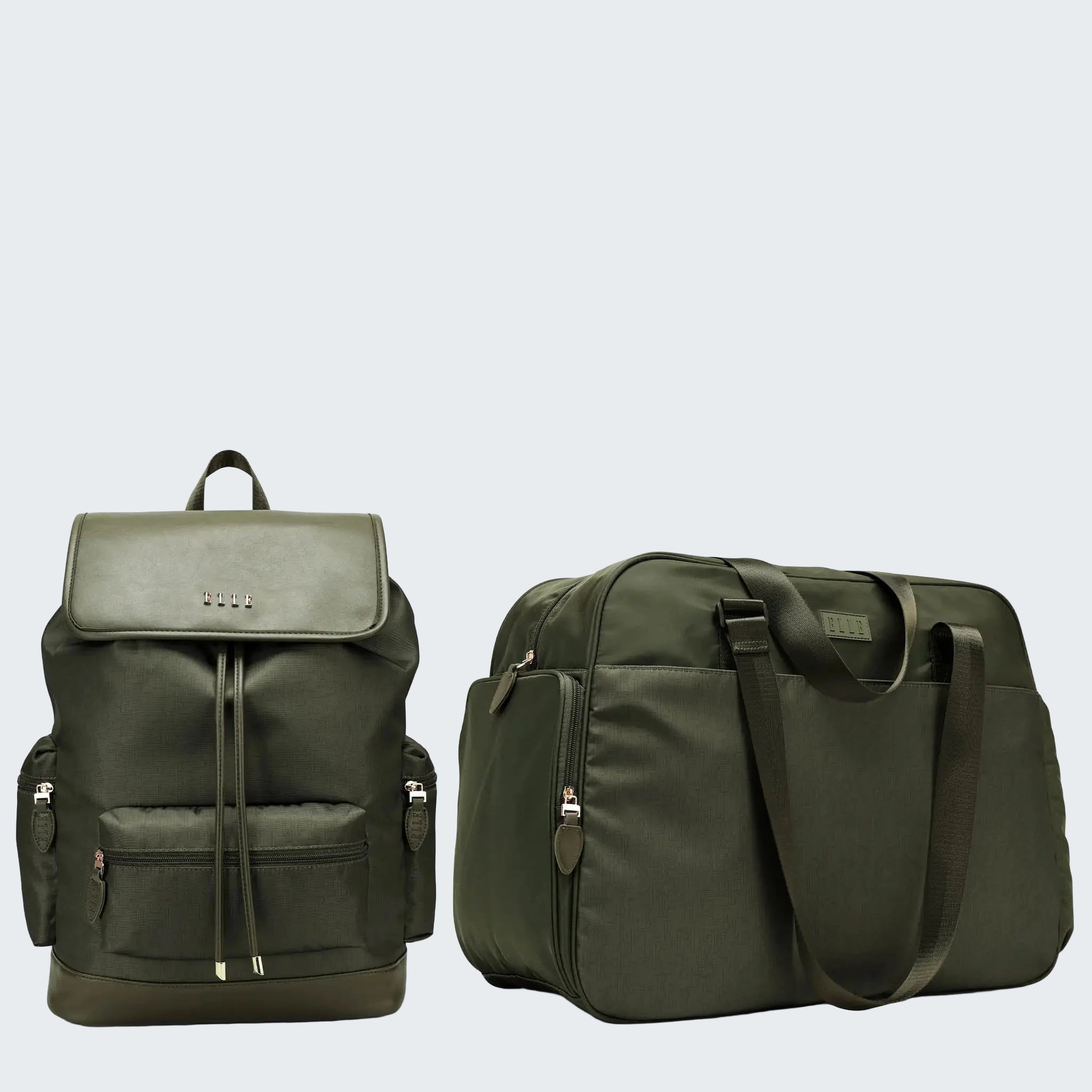 Two green bags, a backpack and a duffel bag, on a white background.