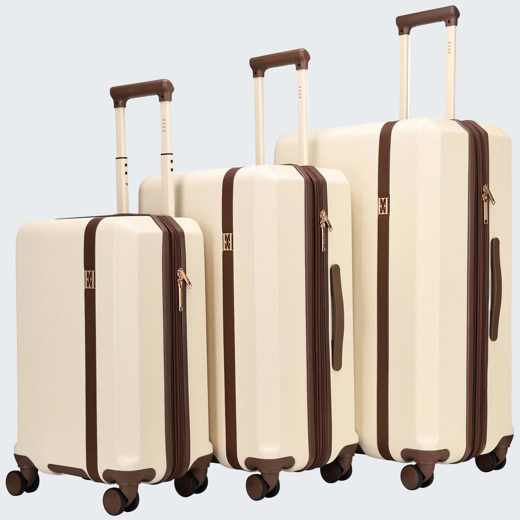 Set of three beige suitcases with brown accents on a white background
