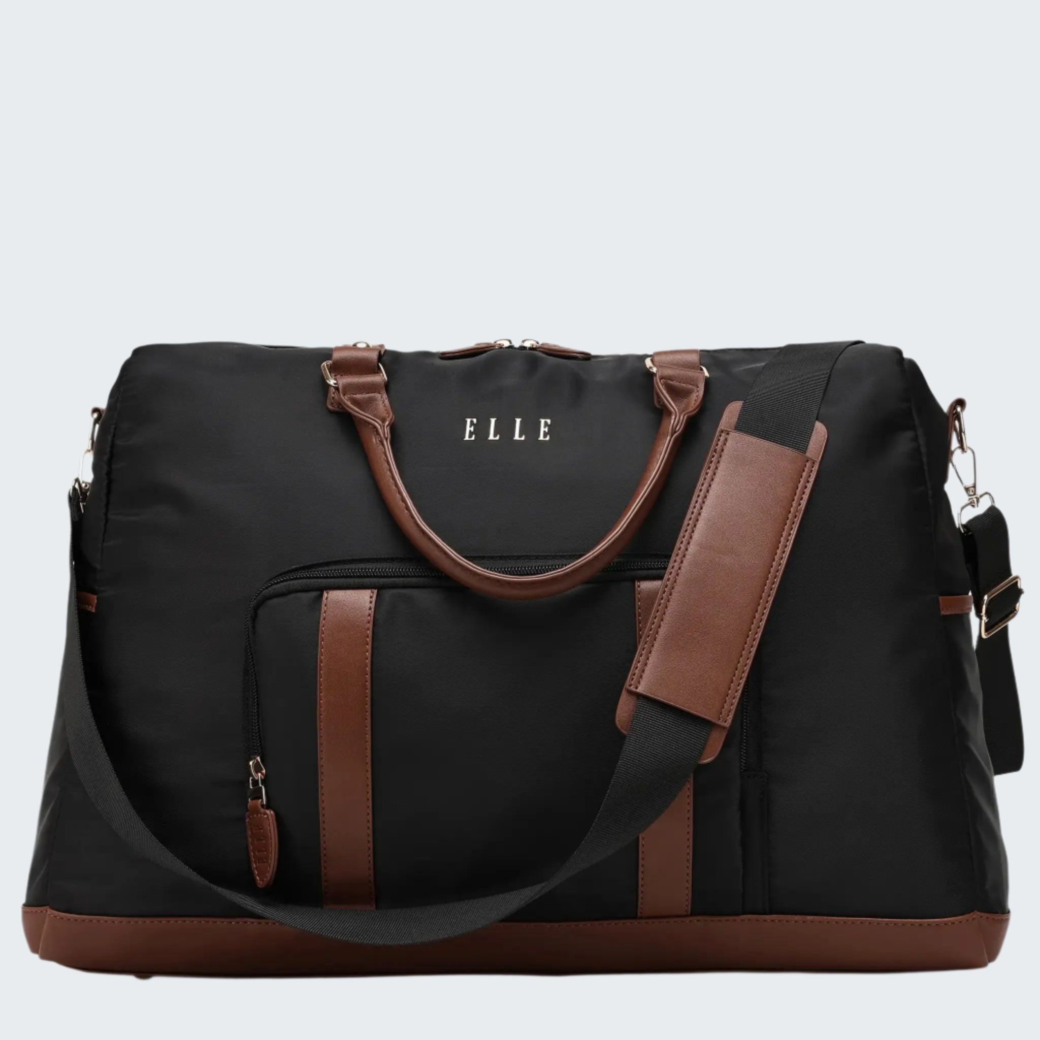 Black duffel bag with brown accents and 'ELLE' branding on a white background