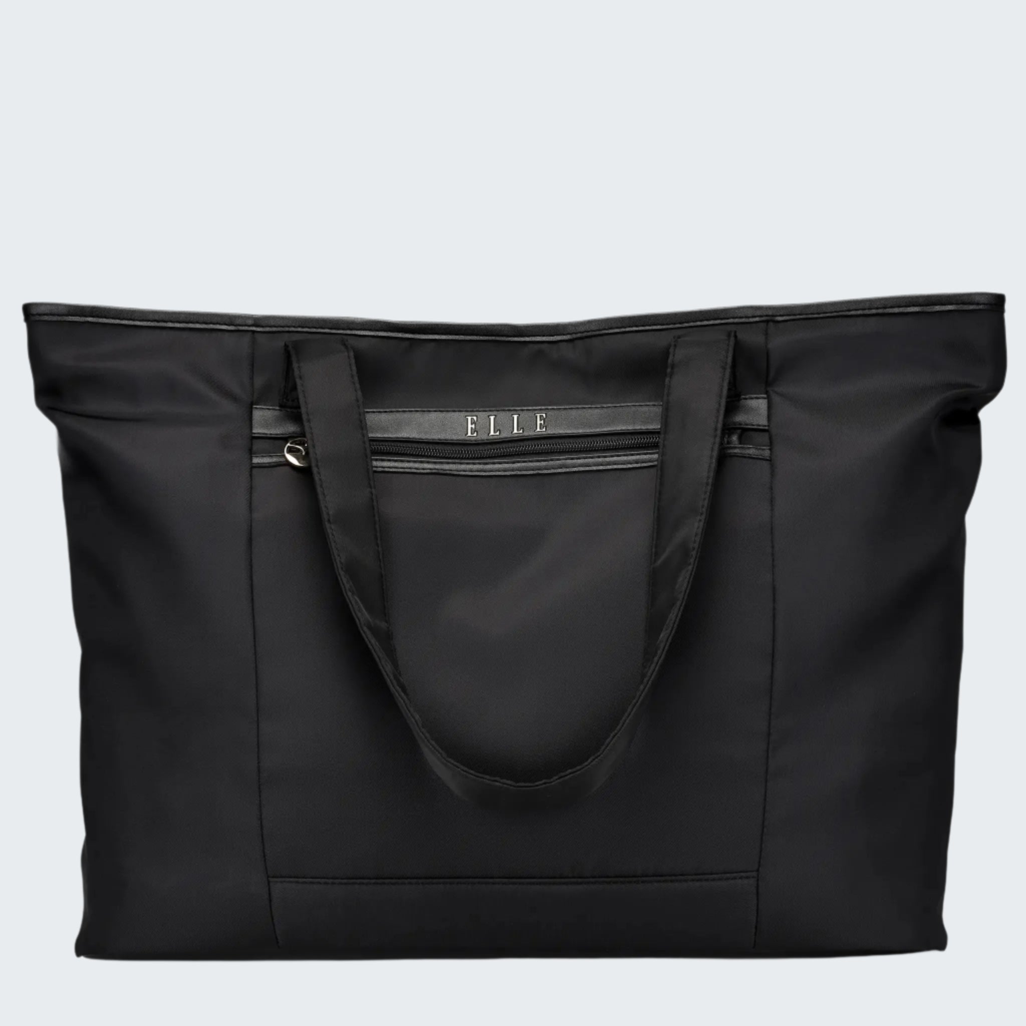 A black twill weekender tote bag with vegan leather accents, featuring a front zipper pocket and sturdy handles.