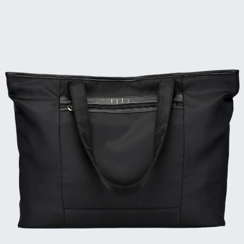 Black tote bag with 'ELLE' branding on a white background