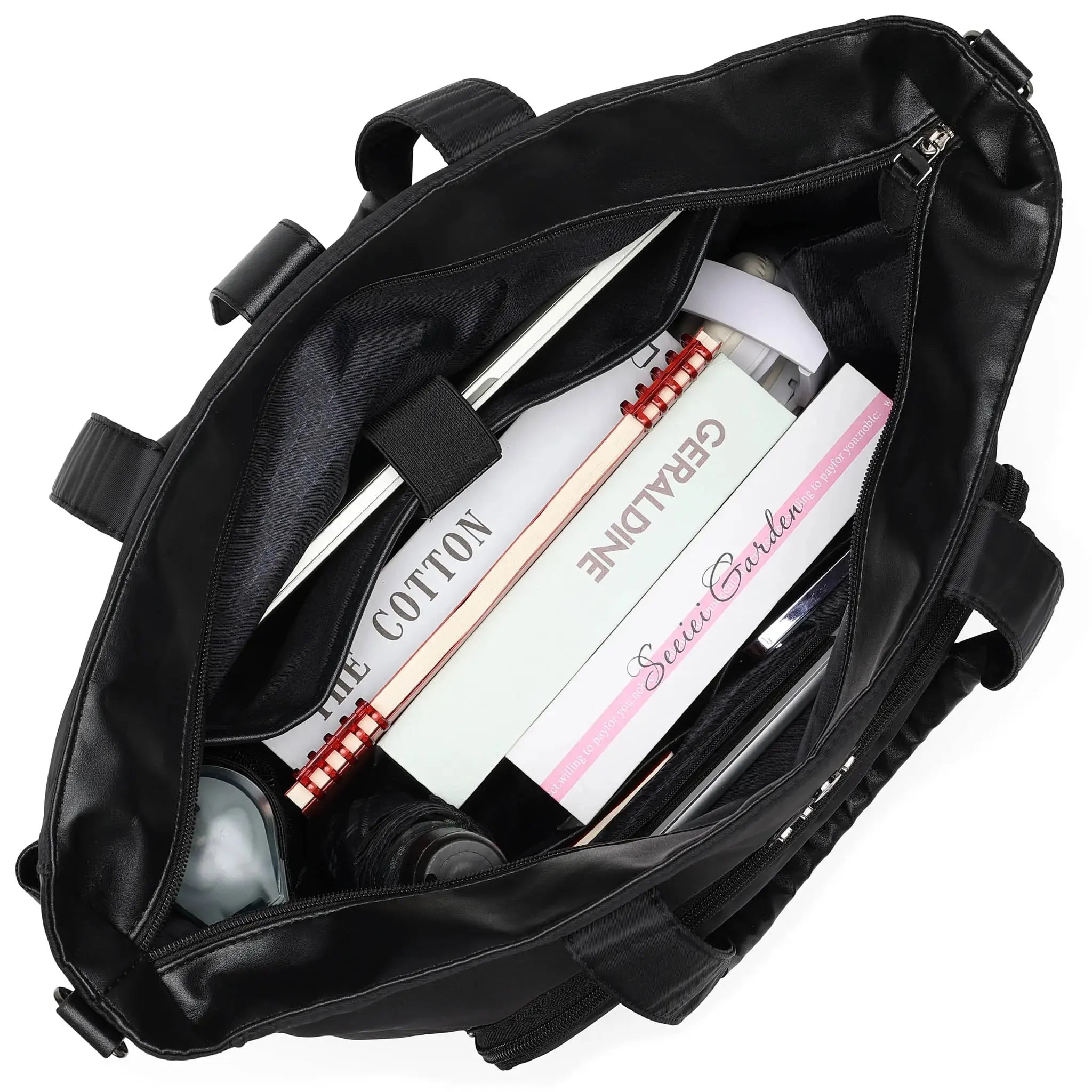 Black backpack with items including a notebook and a bottle on a white background