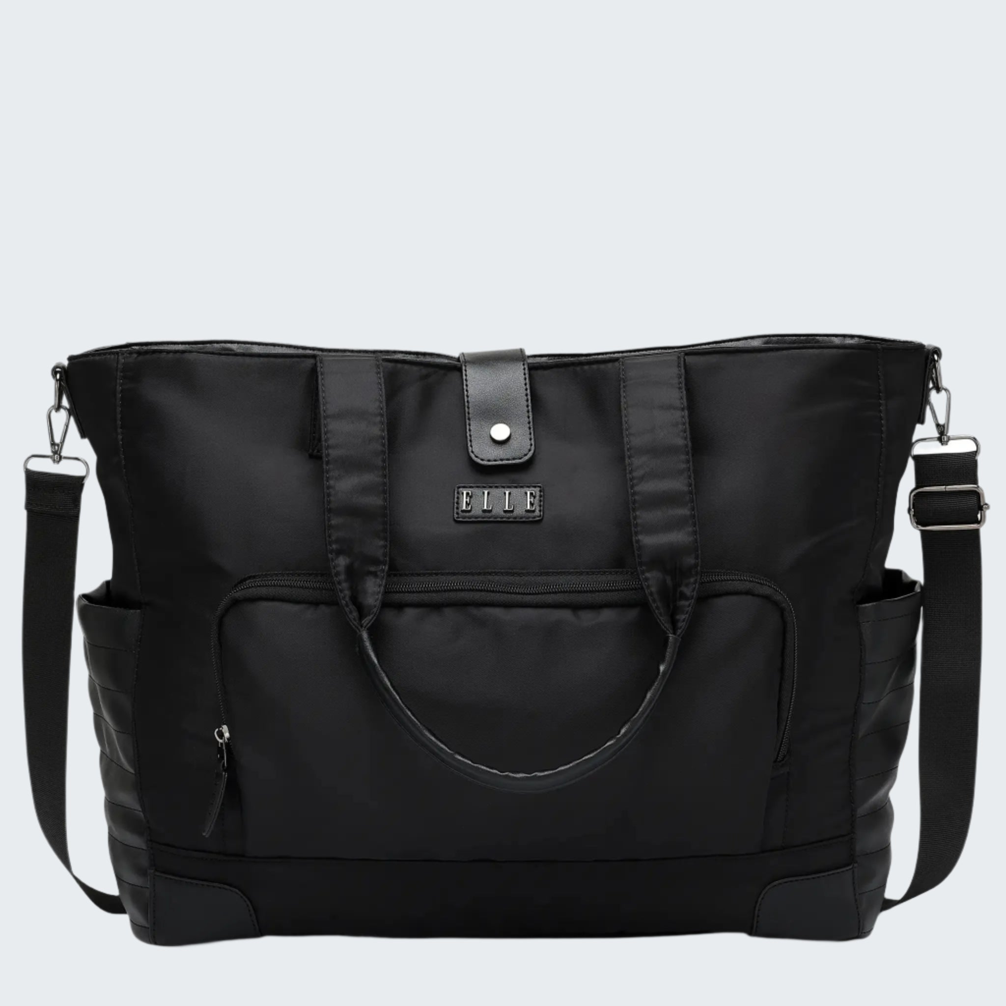 Black bag with a visible brand logo on a white background
