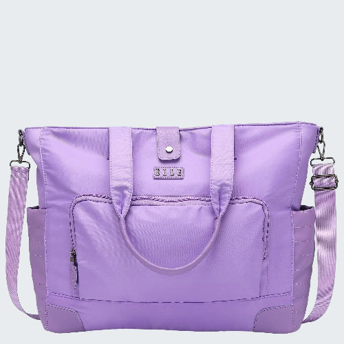 Purple tote bag with shoulder straps on a white background