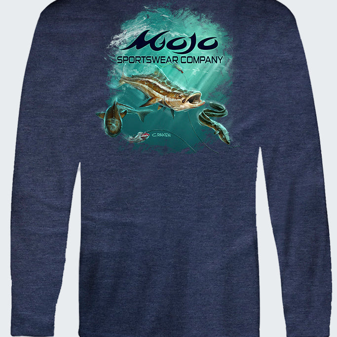 Navy long-sleeve shirt with graphic design and 'Mojo Sportswear Company' logo on a white background