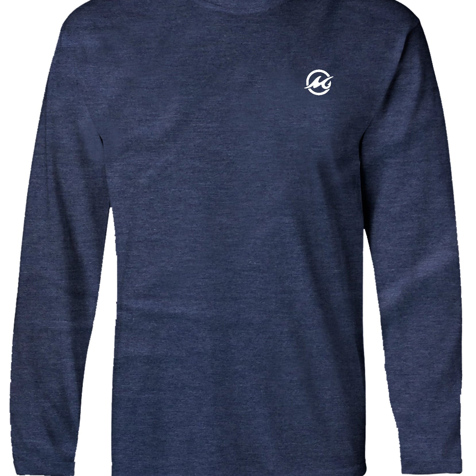 Navy blue long-sleeve shirt with a white logo on a white background