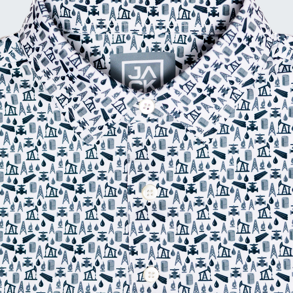 Patterned shirt with a visible brand logo on a white background