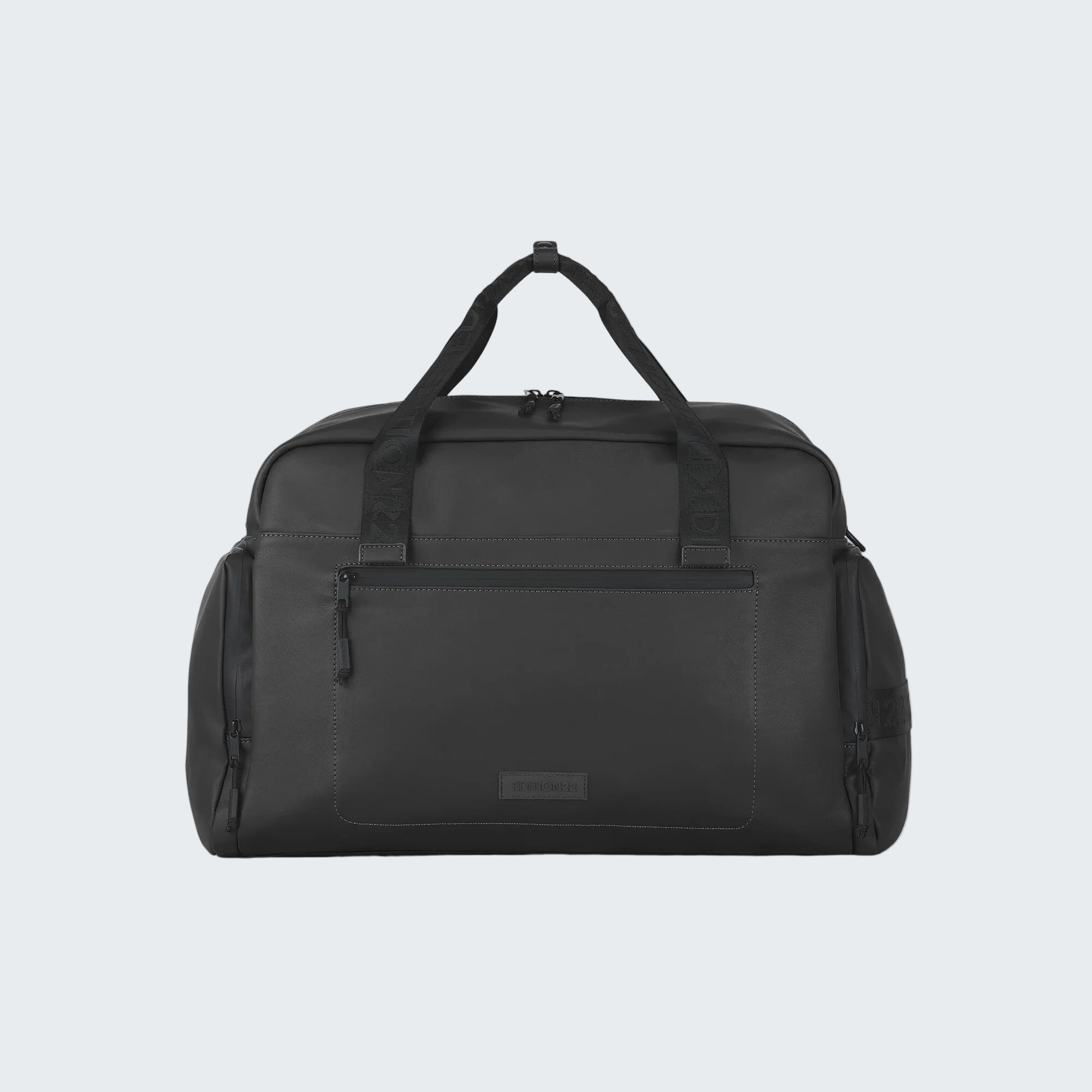 Black duffel bag on a white background