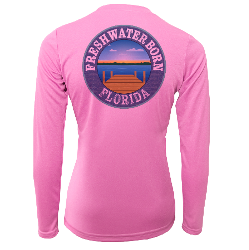 Pink long-sleeve shirt with 'Freshwater Born Florida' logo on a white background