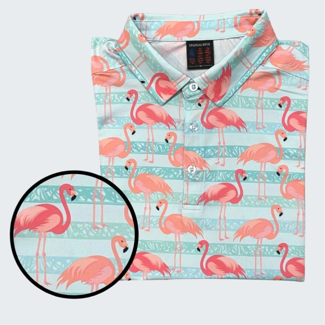 Folded shirt with pink flamingo pattern on a light blue background