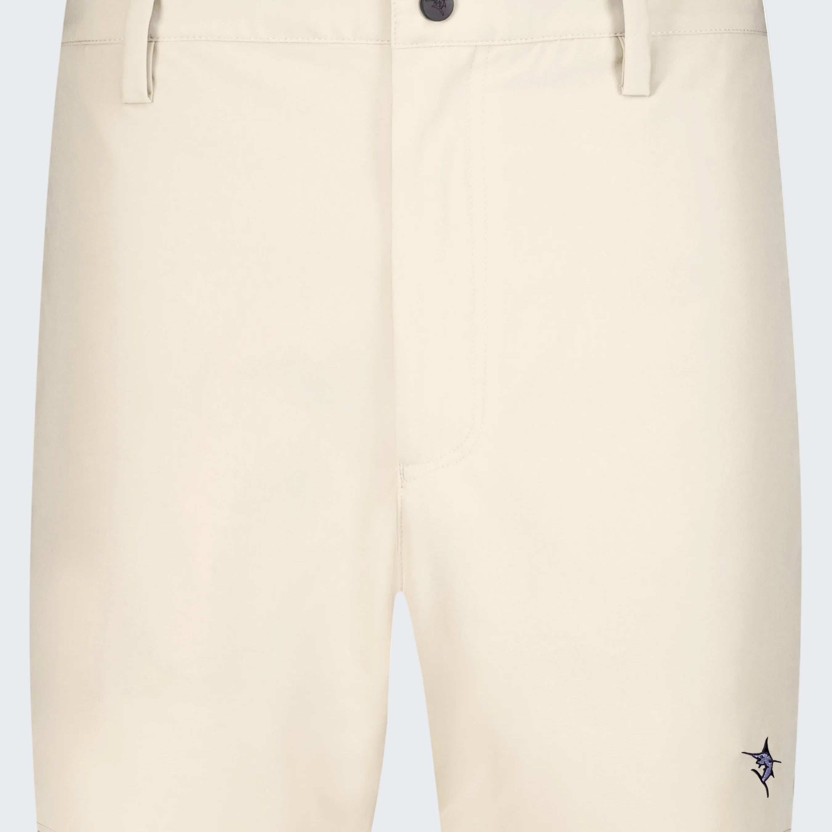 Beige shorts with a small logo on a white background
