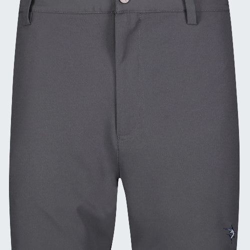 Gray shorts with a brand logo on a white background