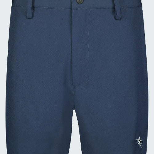 Navy blue shorts with a button on a white background