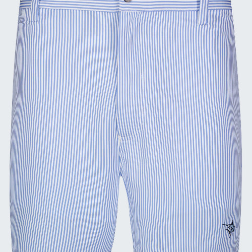 Blue and white striped shorts on a white background