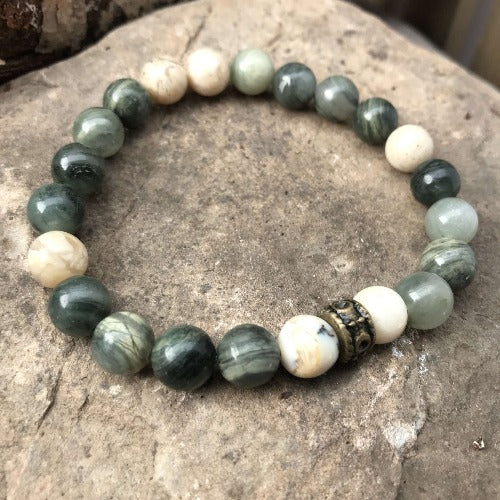 Green Line Jasper and African Opal Bead Bracelet