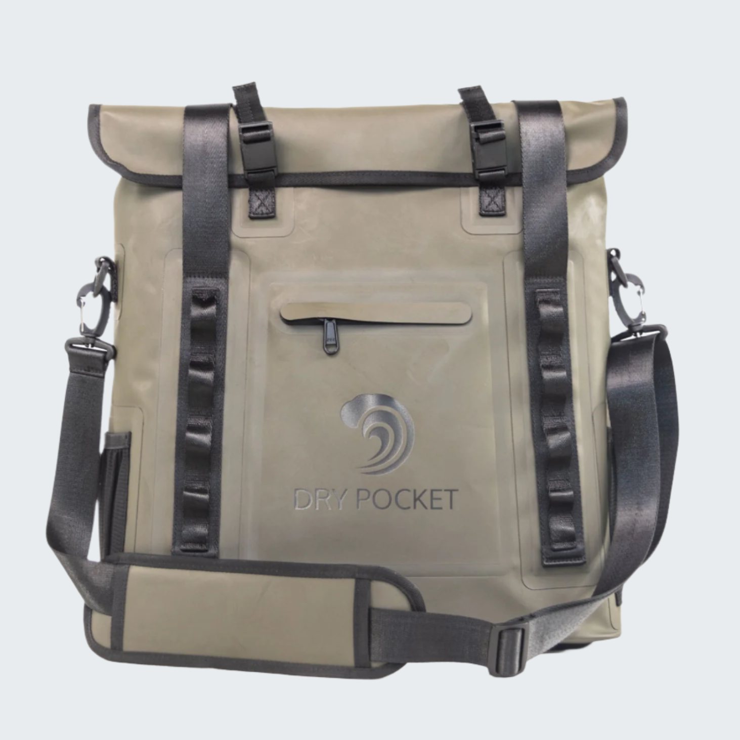 Beige roll-top bag with black straps and a visible brand logo on a white background