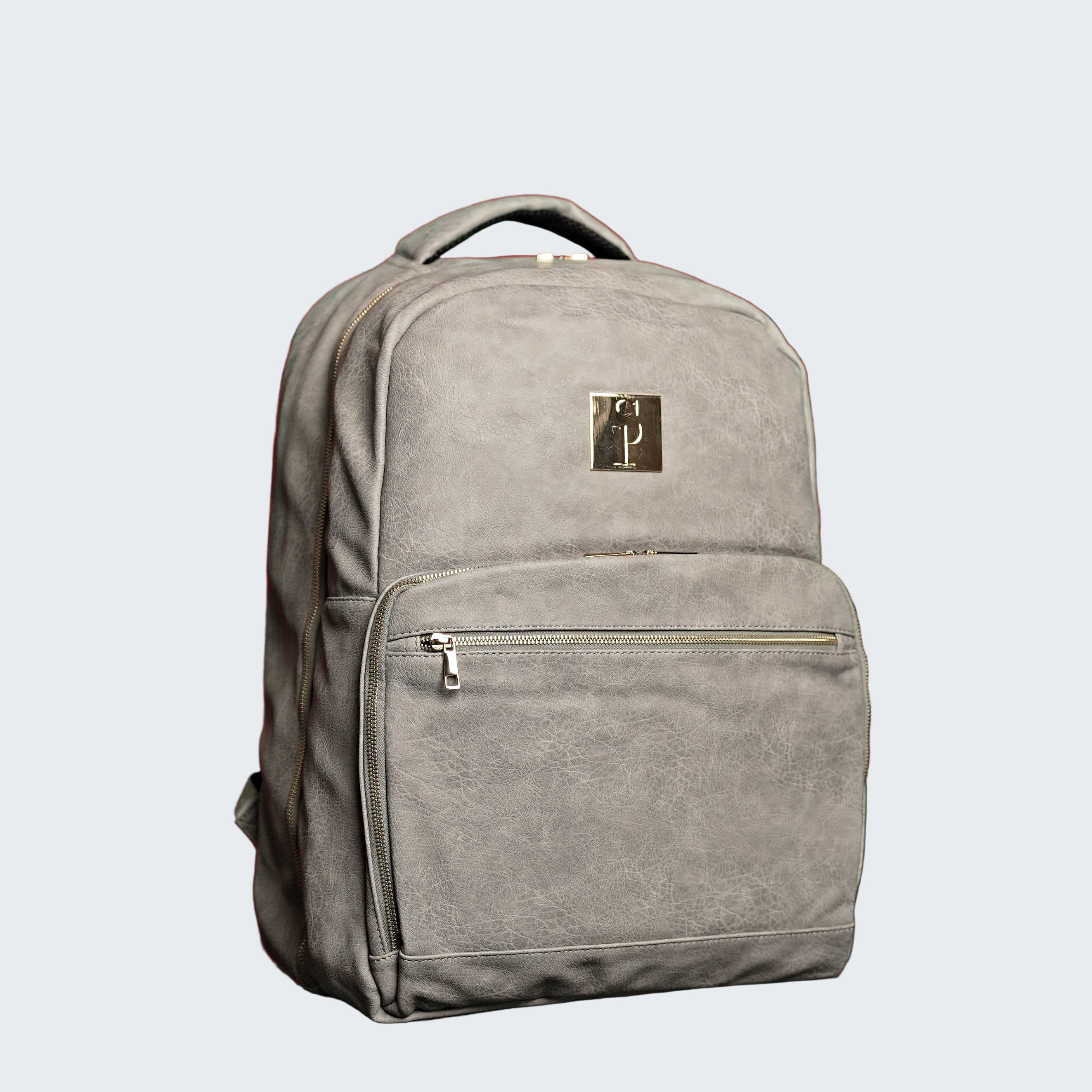 Gray backpack with a logo on a red background