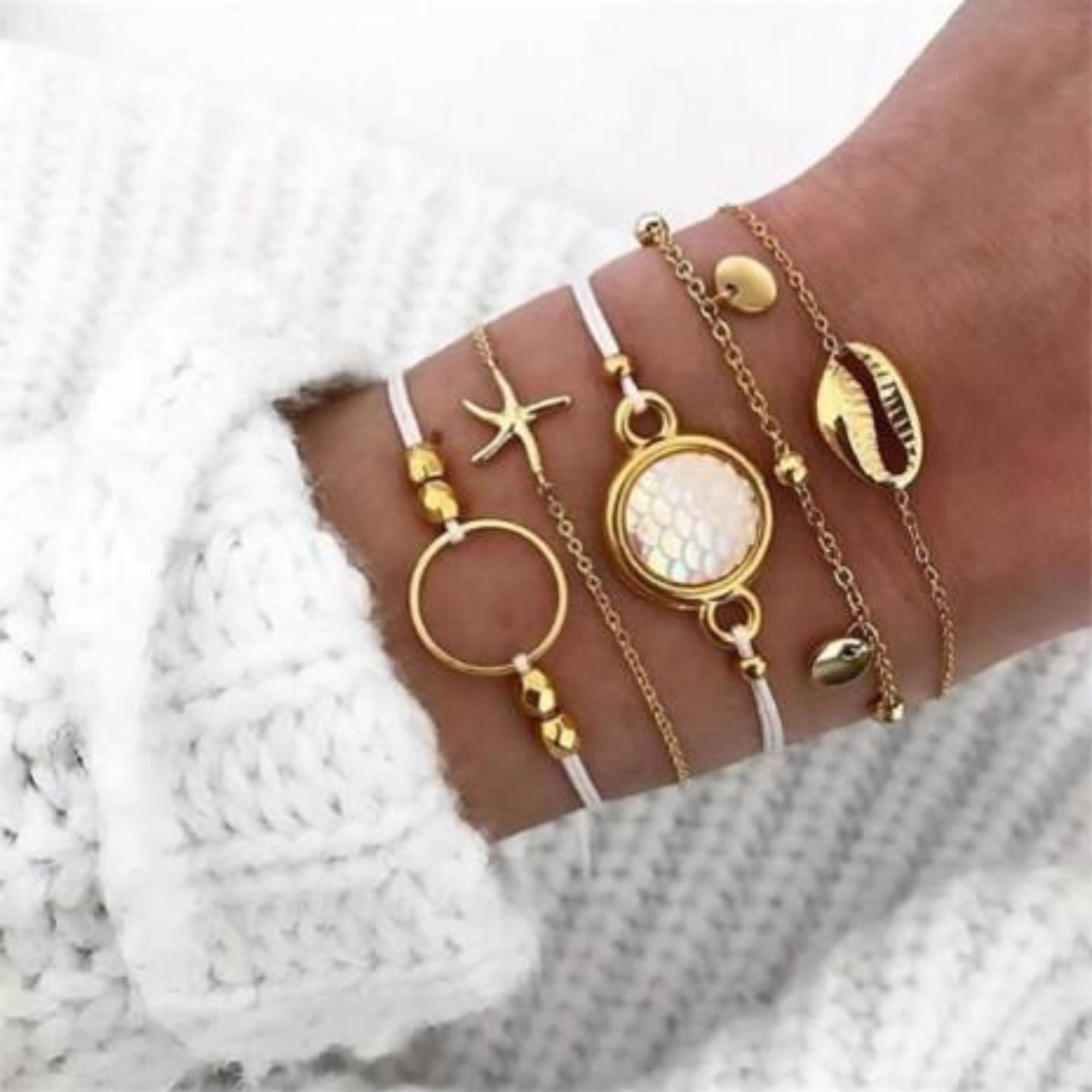 Oceanic Inspired Seashell Five Piece Bracelet Set