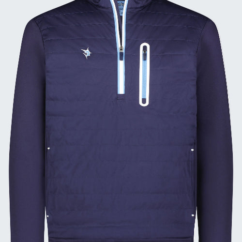 Navy blue pullover with a zipper on a white background