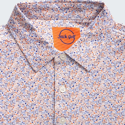 Patterned shirt with a Jack Golf label on a white background