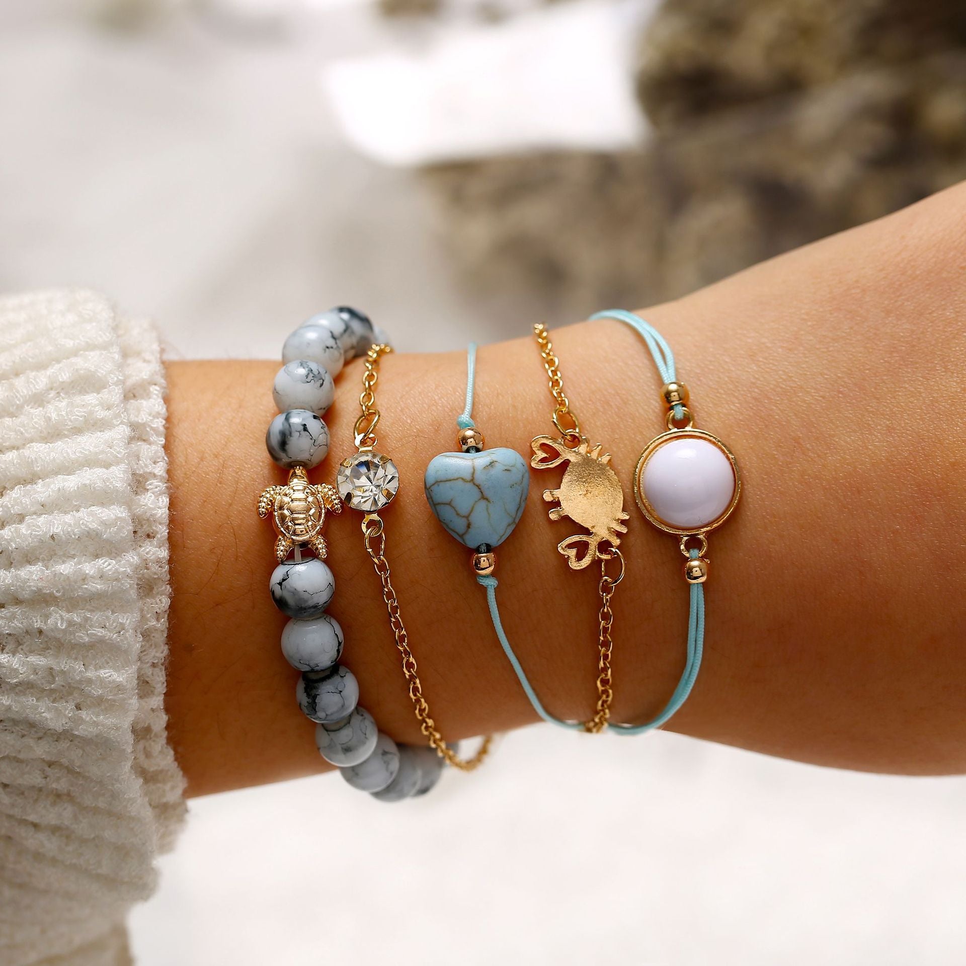 Five Piece Blue Turtle Bracelet Set