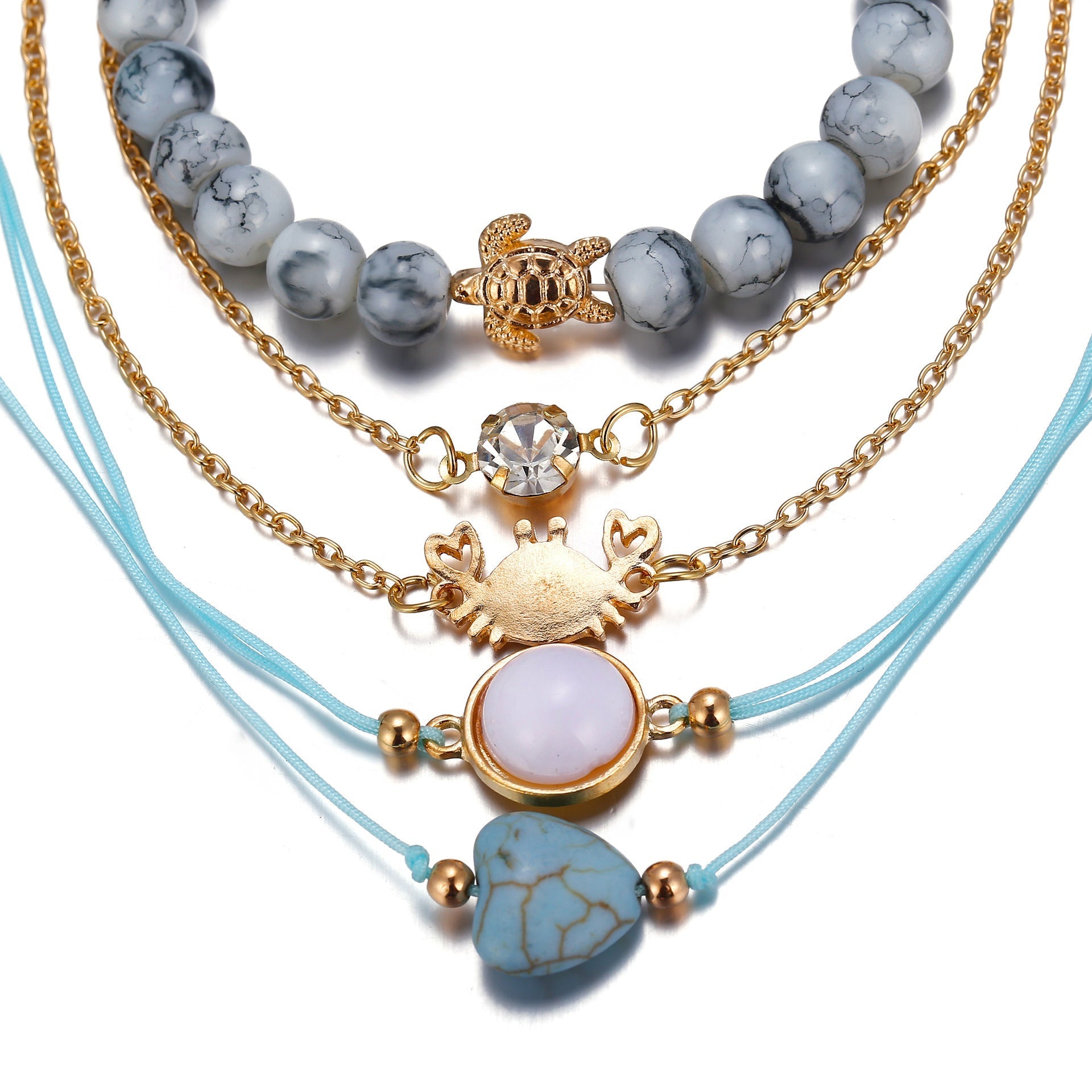Five Piece Blue Turtle Bracelet Set